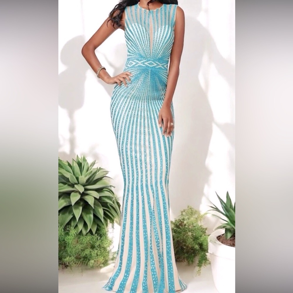 Jovani JVN26843 Prom Pageant Gala Dress Sheath Nude/Turquoise Size 2 Open Back